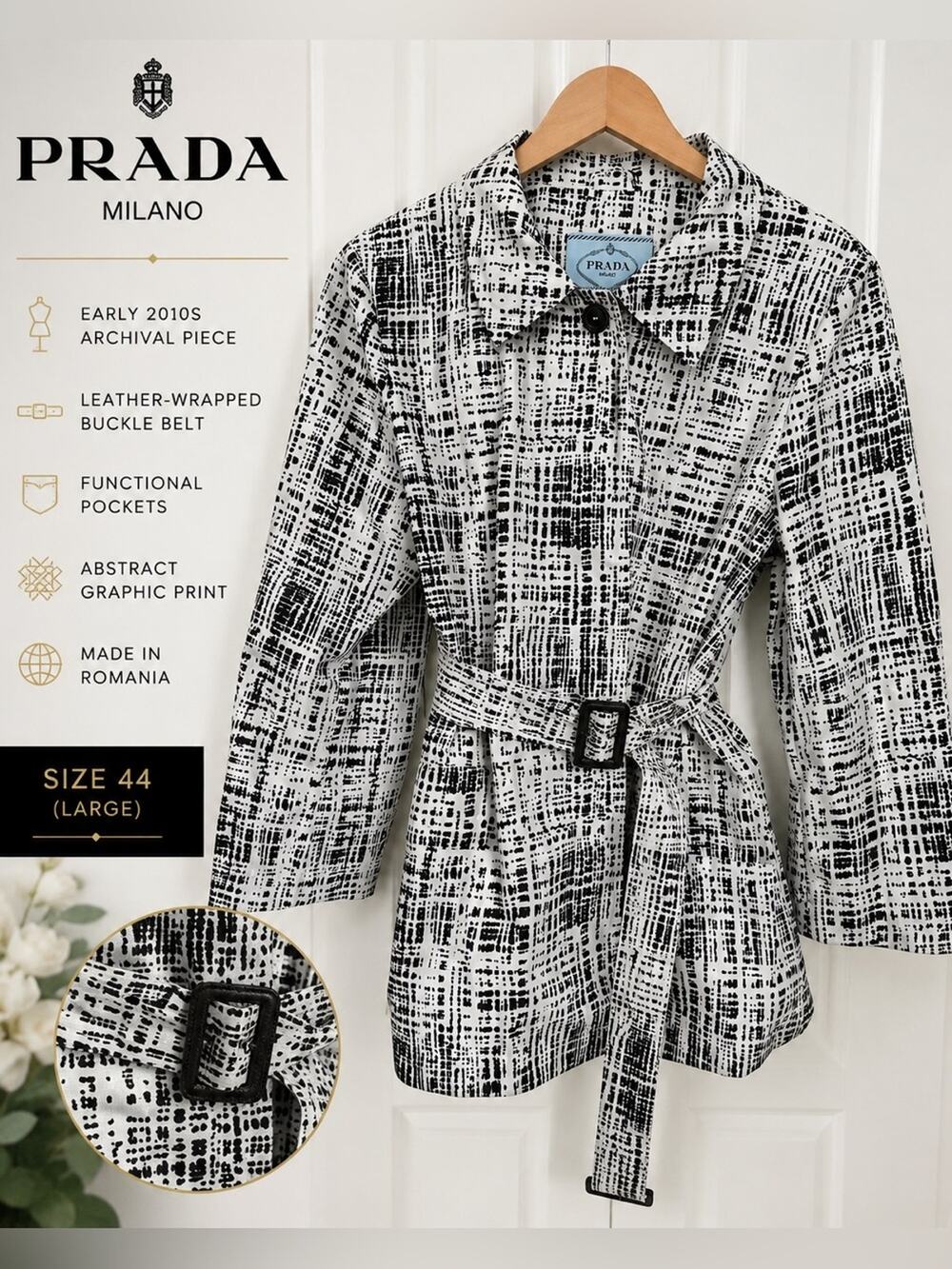 Prada Milano Belted Abstract Print Coat Size 44 Black White Archival Designer